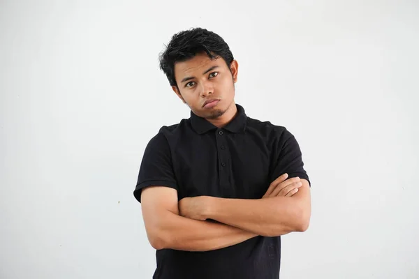 Young Asian Man Casual Black Polo Shirt Arm Crossed Tired — Stock Photo, Image