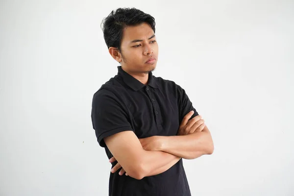 Jong Aziatisch Man Casual Zwart Polo Shirt Met Arm Gekruist — Stockfoto