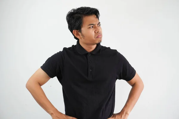 Mladý Asijský Muž Ukazuje Zklamaný Výraz Oběma Rukama Pase Sobě — Stock fotografie