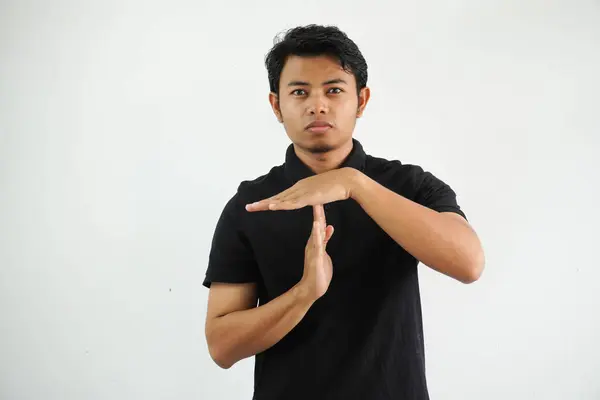 Jonge Aziatische Man Zwart Polo Shirt Studio Schot Witte Achtergrond — Stockfoto
