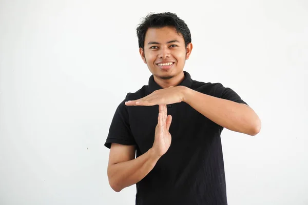 Jonge Aziatische Man Zwart Polo Shirt Studio Schot Witte Achtergrond — Stockfoto