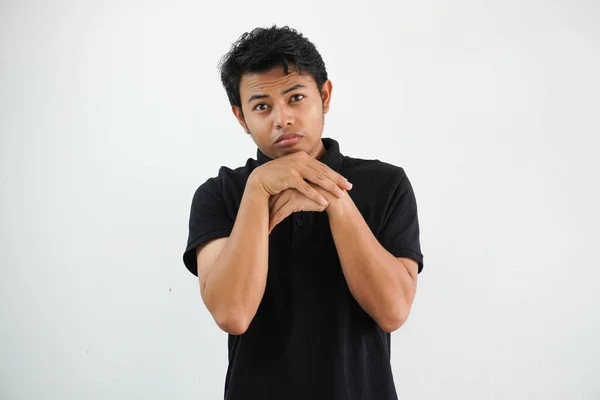 Young Asian Man Posing Scared Afraid Wearing Black Polo Shirt — Stock Photo, Image