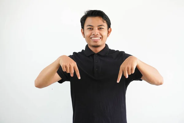 Young Asian Man Smiling Camera Pointing Wearing Black Polo Shirt — Stock Photo, Image