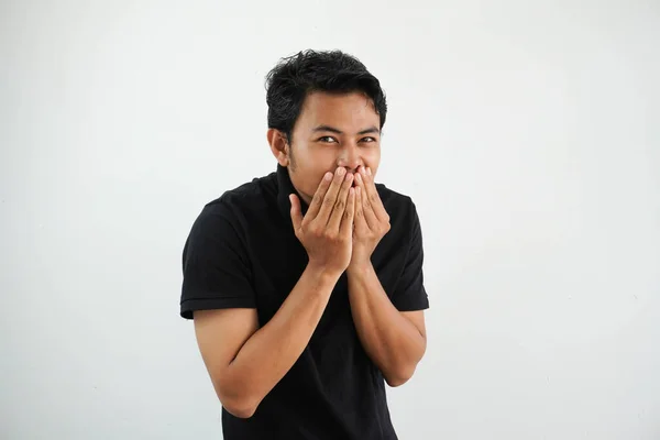 Smiling Young Asian Man Isolated White Background Embarrassed Covering Mouth — Stock Photo, Image