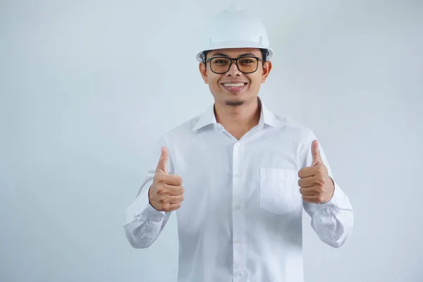 Young Asian Architect Man Wearing Builder Safety Helmet Isolated Background — Stock Photo, Image