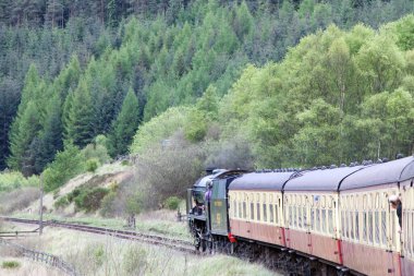 Siyah ve yeşil İngiliz buharlı tren locamotifi # 926 Kuzey Yorksire, İngiltere 'de Kuzey York bozkırlarında ilerliyor..