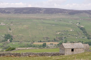 Arka planda Yorkshire Dales İngiltere ile kurumuş taş duvar ve taş bina