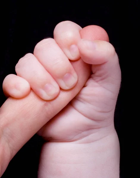 Ένα Χέρι Μωρού Που Κρατάει Δαχτυλάκι Ενός Άντρα Μαύρο Φόντο — Φωτογραφία Αρχείου