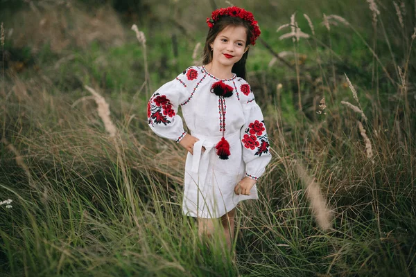 우크라이나 의상을 머리가 소녀가 자수를 양귀비를 있습니다 메이크업붉은 립스틱 — 스톡 사진