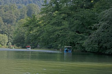 İnsanlar arka plandaki yeşil ormana karşı sakin bir dağlık gölde katamaranlara biniyorlar.