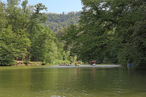 人々は夏に緑の森を背景に穏やかな山の湖でボートやカタマランに乗る — ストック写真