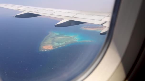 Island Surrounded Turquoise Waters Red Sea Captured Airplane Left Window — Stock Video