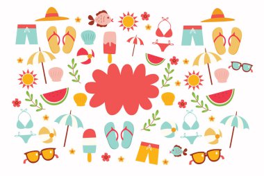 Yaz ikonları: yiyecek, içecek, palmiye yaprağı, meyve ve flamingo. Parlak yaz tatili posteri.