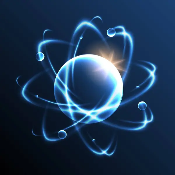 Átomo Química Com Elétrons Modelo Luminoso Azul Brilhante Núcleo Atômico Ilustrações De Stock Royalty-Free