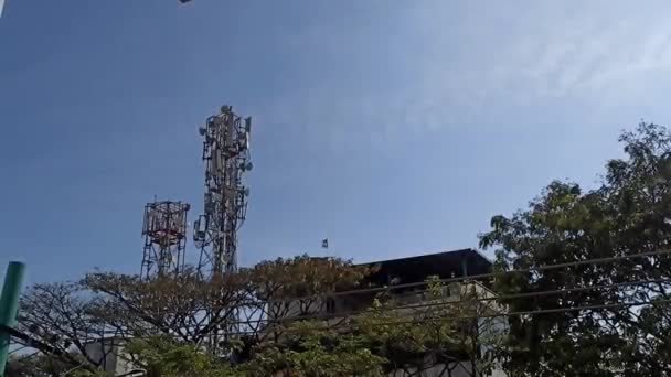 Video Two Telecom Towers Bright Sunny Day — Stockvideo