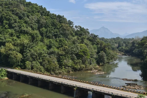 Widok Bliska Most Obszarze Leśnym Zielonymi Górami Rzeką Tle — Zdjęcie stockowe