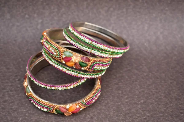 Closeup Selective Focus Picture Colorful Gold Bangles Gems Worn Indian — Stock Photo, Image