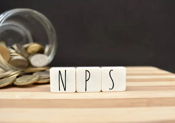 Kavanozdan bölünmüş sikkelerin önüne yerleştirilmiş NPS harflerinin yakın plan fotoğrafı.