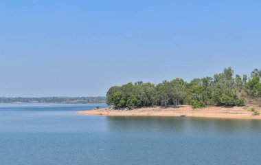 Hindistan, Karnataka 'daki Gorur Barajı' nın arka sularında tropikal ağaçların olduğu küçük bir adanın manzaralı bir resmi..
