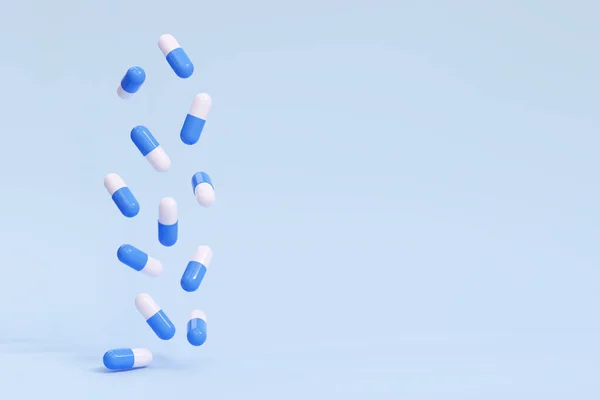 Padající Pilulky Kapsle Modrém Pozadí Antibiotika Vitamíny Vektorová Ilustrace — Stockový vektor