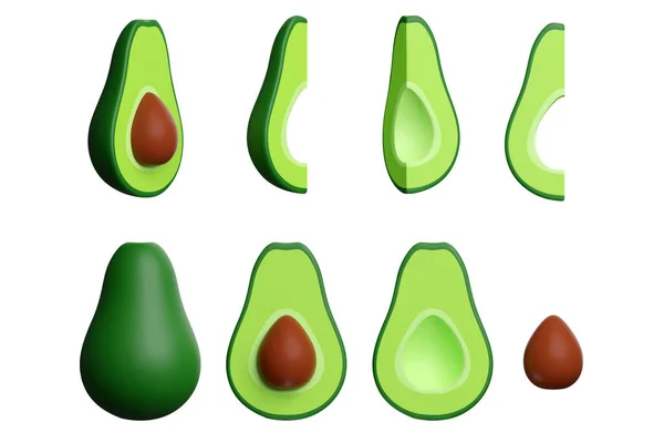 3D绿色鳄梨 一套新鲜的全片 与一个大种子 新鲜的有机水果 健康的生活方式 在白色背景下孤立的矢量图解现实的卡通风格 — 图库矢量图片