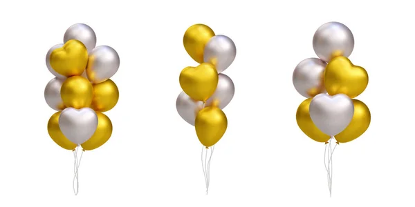 Bir grup gerçekçi 3D altın ve gümüş balon, kalp şeklinde. Kart, parti, tasarım, el ilanı, poster, afiş, web, reklam için vektör illüstrasyon dekorasyonu