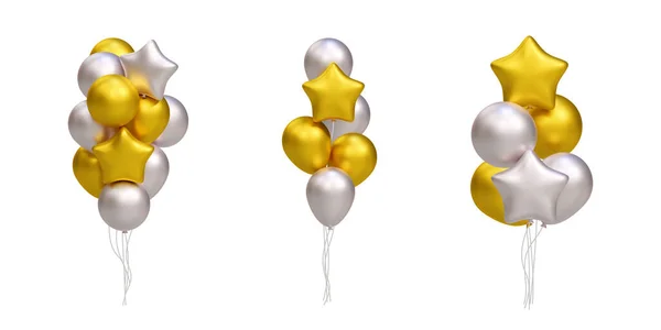 Bir grup gerçekçi 3D altın ve gümüş balon. Yıldız şeklinde. Kart, parti, tasarım, el ilanı, poster, afiş, web, reklam için vektör illüstrasyon dekorasyonu