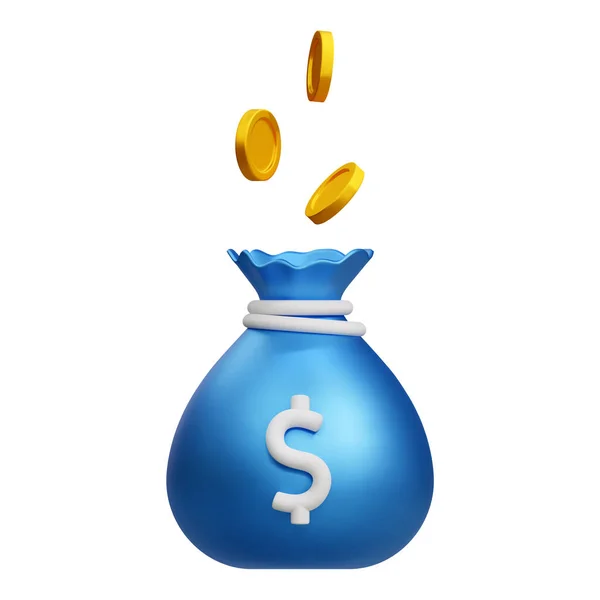 Dolar ve düşen altın sikkeler ikonlu 3D mavi para çantası. Nakit, faiz oranı, iş ve finans, yatırımın dönüşü, mali çözüm, ön ödeme ve peşinat kavramı. Vektör çizgi filmi minimal biçim çizimi izole edildi