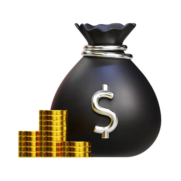 Üç boyutlu siyah para çantası, dolar ve bir yığın altın sikke ikonu. Nakit, faiz oranı, iş ve finans, yatırımın dönüşü, mali çözüm, ön ödeme ve peşinat kavramı. Vektör çizgi filmi minimal biçim çizimi izole edildi