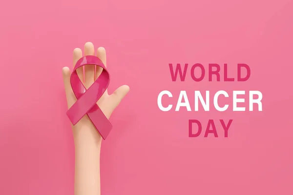 Main Tenant Ruban Rouge Concept Journée Mondiale Cancer Février Sensibiliser — Image vectorielle