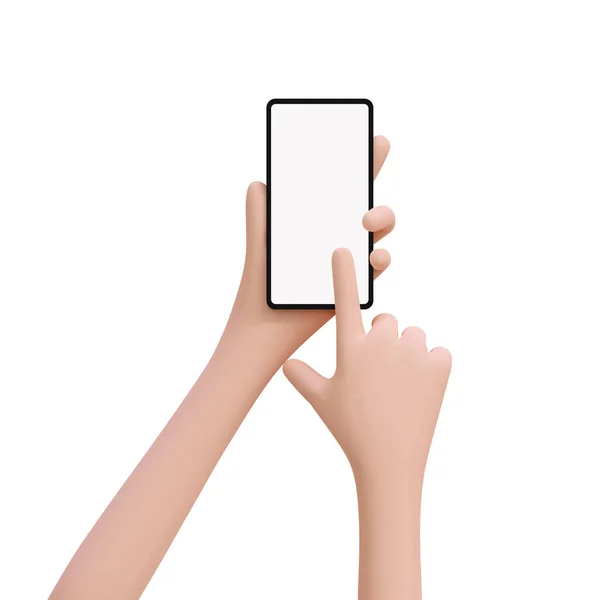 3D sevimli karikatür el cep telefonu ve parmak dokunuşu, akıllı telefon boş ekranını işaret etme, kaydırma, arama. Model, şablon. Başvuru hizmeti konsepti. Vektör çizimi izole edildi