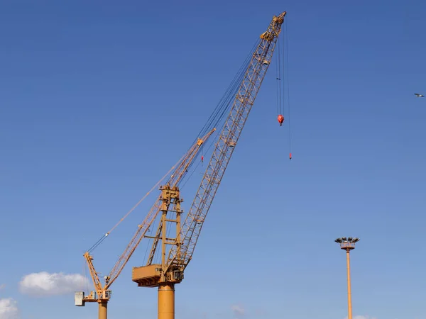 Almanya 'nın Bremerhaven limanında mavi gökyüzü olan kargo vinçleri.