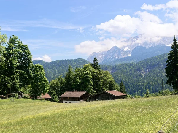 Dağların manzarası dağ kulübeleri ve ön planda bir dağ çayırı, yürüyüş patikaları..