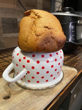 delicious homemade bread with chocolate and cinnamon on kitchen table.