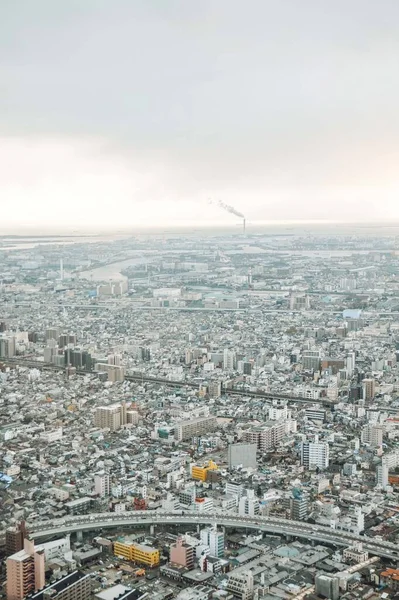 アジア不動産と企業建設のためのビジネスコンセプト パノラマ現代都市スカイライン鳥の目東京都内の劇的な空と朝の霧の下で空中ビュー — ストック写真