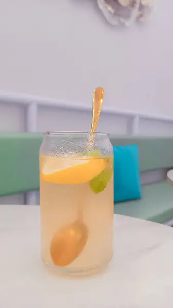 Glass Lemonade Lemon Juice Straw White Background — Stock Photo, Image