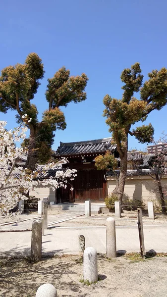 Osaka, Japonya. Nisan 2019. Osaka 'da bir tapınağın ön ahşap kapısı.