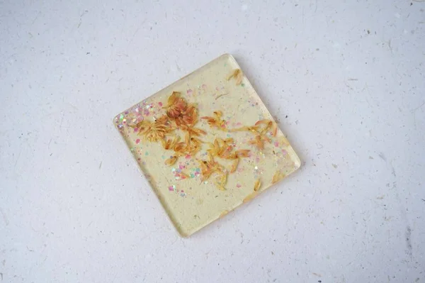 Handmade Resin Coaster Floral Pattern White Background Selective Focus — Stock Photo, Image