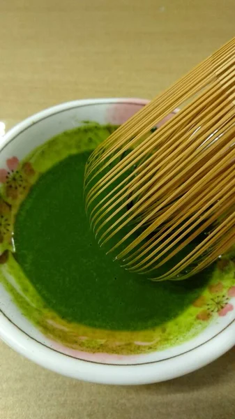 Ceai Verde Matcha Într Bol Tel Bambus Aproape — Fotografie, imagine de stoc