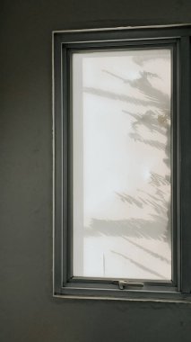 A close-up of a modern, rectangular window with light passing through the glass. old wooden window with plants silhouette