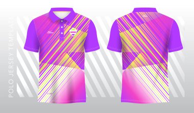 Soyut pembe sarı ve yeşil polo forma sporu. Spor üniforması önde ve arkada.