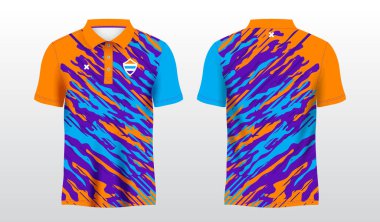 Mavi ve turuncu polo spor tişörtü.