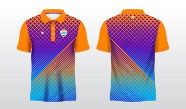 Mavi ve turuncu polo spor tişörtü.