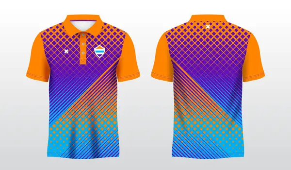 Mavi ve turuncu polo spor tişörtü.