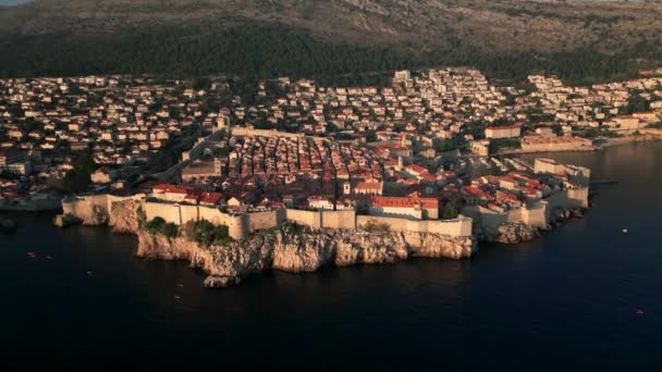 Luftaufnahme Der Altstadt Von Dubrovnik Bei Sonnenuntergang Kroatien Unesco Weltkulturerbe — Stockvideo