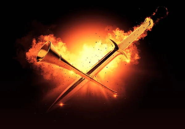 Medieval Sword Trumpet Fire Action Background — Stock Photo, Image