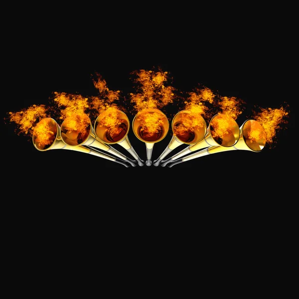 Zeven Trompetten Gouden Vuur Openbaring Waarschuwing Vuvuzela Hoorn Illustratie — Stockfoto
