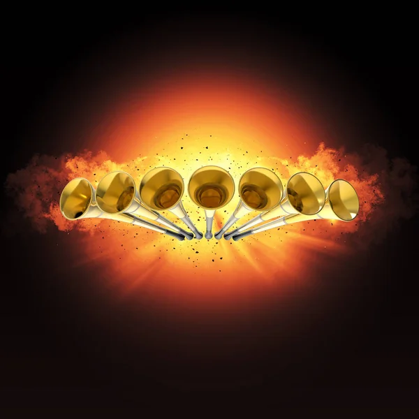 Zeven Trompetten Gouden Vuur Openbaring Waarschuwing Vuvuzela Hoorn Illustratie — Stockfoto