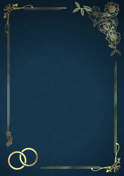 Фон Свадебного Приглашения Золотой Цветочной Рамкой Кольцами Синий — стоковое фото