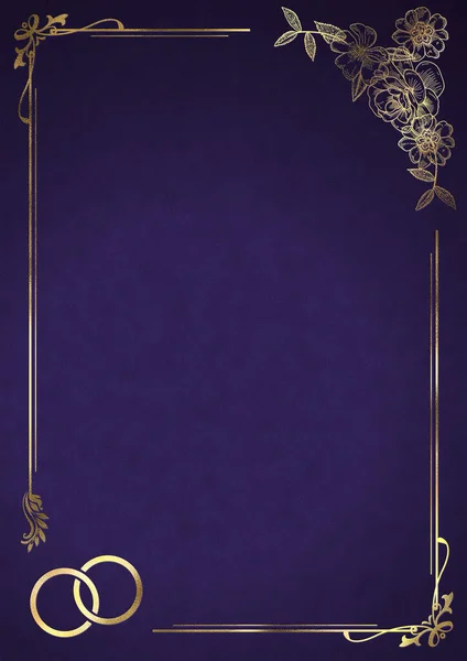 Wedding Invitation Background Golden Floral Frame Rings Purple — Stock Photo, Image